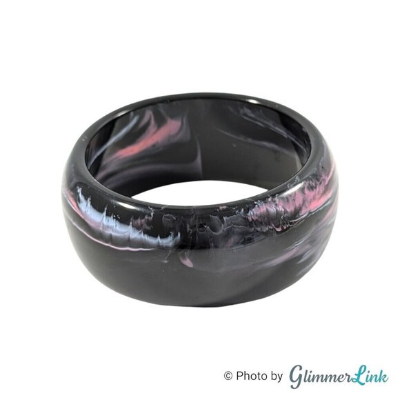Retro Wide Dome Black Pink Swirl Plastic Resin Bangle Bracelet - Picture 4 of 11